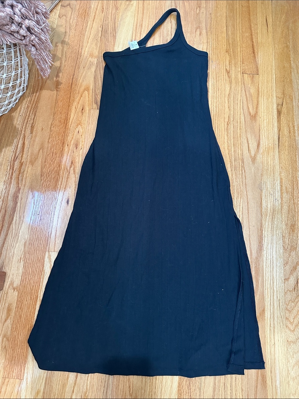aerie Black One-Shoulder Ribbed Maxi Dress side slit